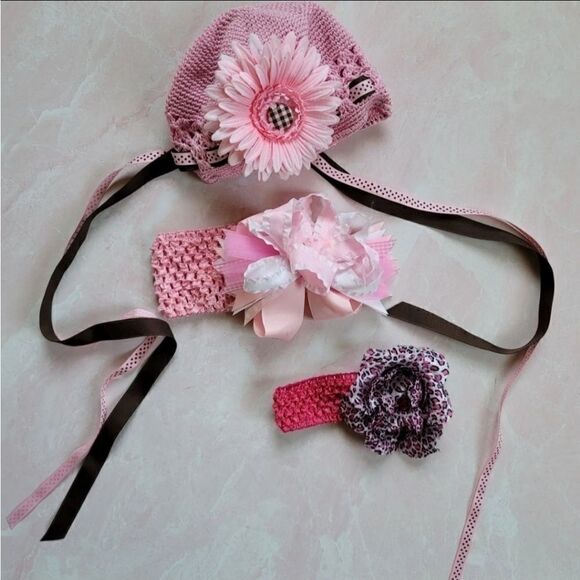 Baby girl newborn beanie knit crochet headband bun - Picture 1 of 4